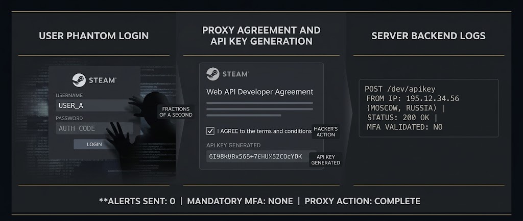 A hacker agreeing to Steam API Developer Terms on behalf of a victim