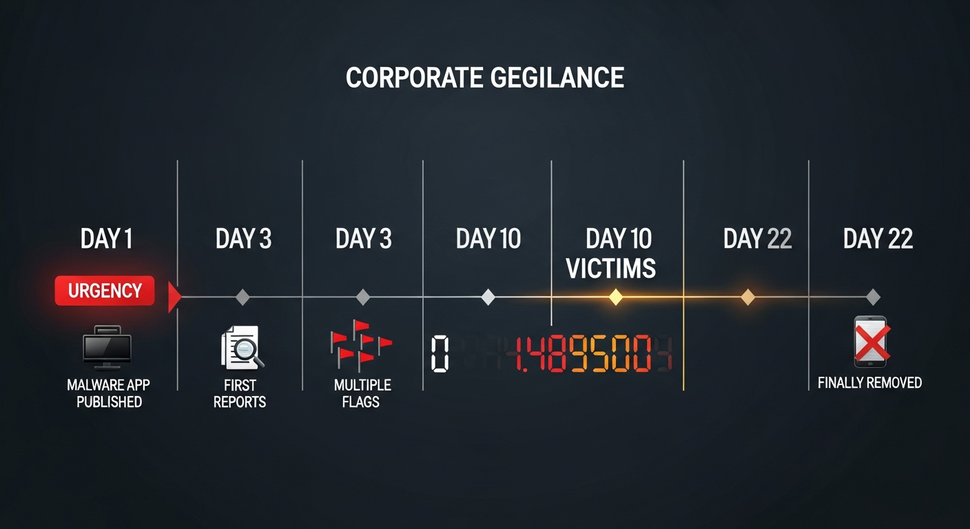 Corporate negligence timeline: Day 1 malware published, Day 3 first reports, Day 3 multiple flags, Day 10 zero action with 1,489,500 victims exposed, Day 22 finally removed